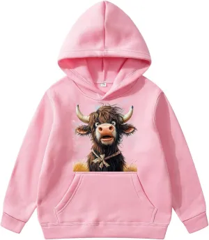 High Land Cow Girls Oversized Hoodie Shirts Dressy Casual Gradient Cute Hooded Pullover Tops Loose Kid Preppy Clothes