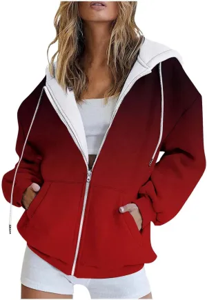 Hoodies for Women Oversized Full Zip Up Clothes Trendy Ombre Tie Dye Hoodies for Women Drawstring Thick Warm Jackets