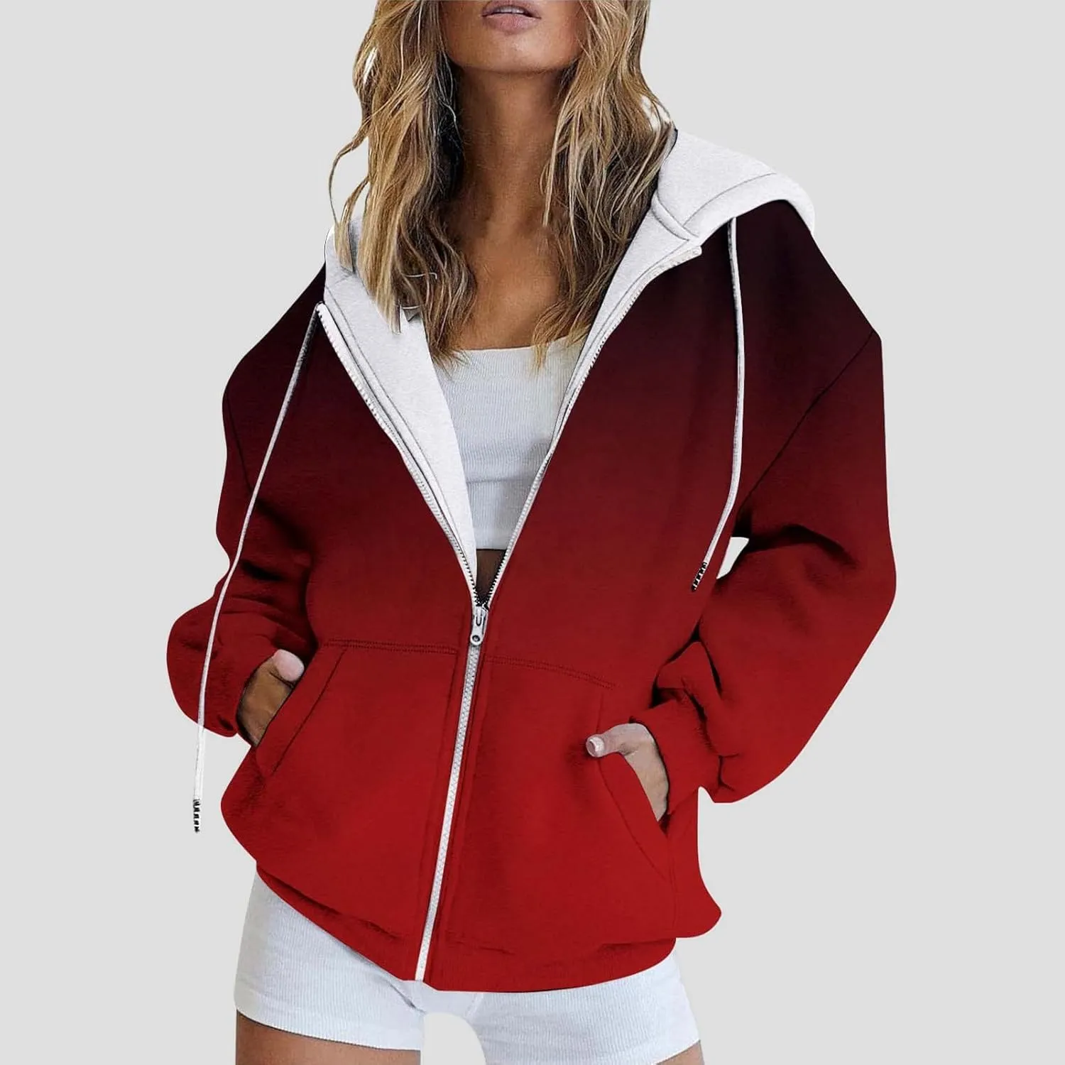 Hoodies for Women Oversized Full Zip Up Clothes Trendy Ombre Tie Dye Hoodies for Women Drawstring Thick Warm Jackets
