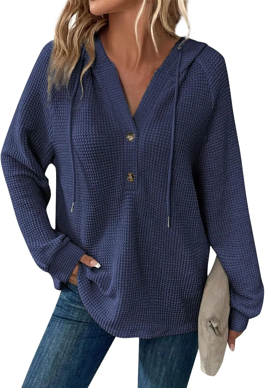 Hoodies for Women Waffle Knit Drawstring Button V Neck Pullover Sweatshirts Fall Sweaters Loose Fit Long Sleeve Tops