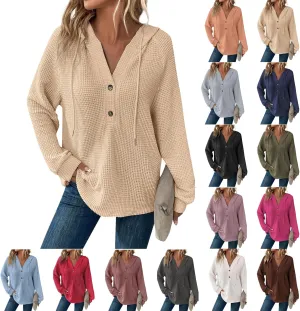 Hoodies for Women Waffle Knit Drawstring Button V Neck Pullover Sweatshirts Fall Sweaters Loose Fit Long Sleeve Tops