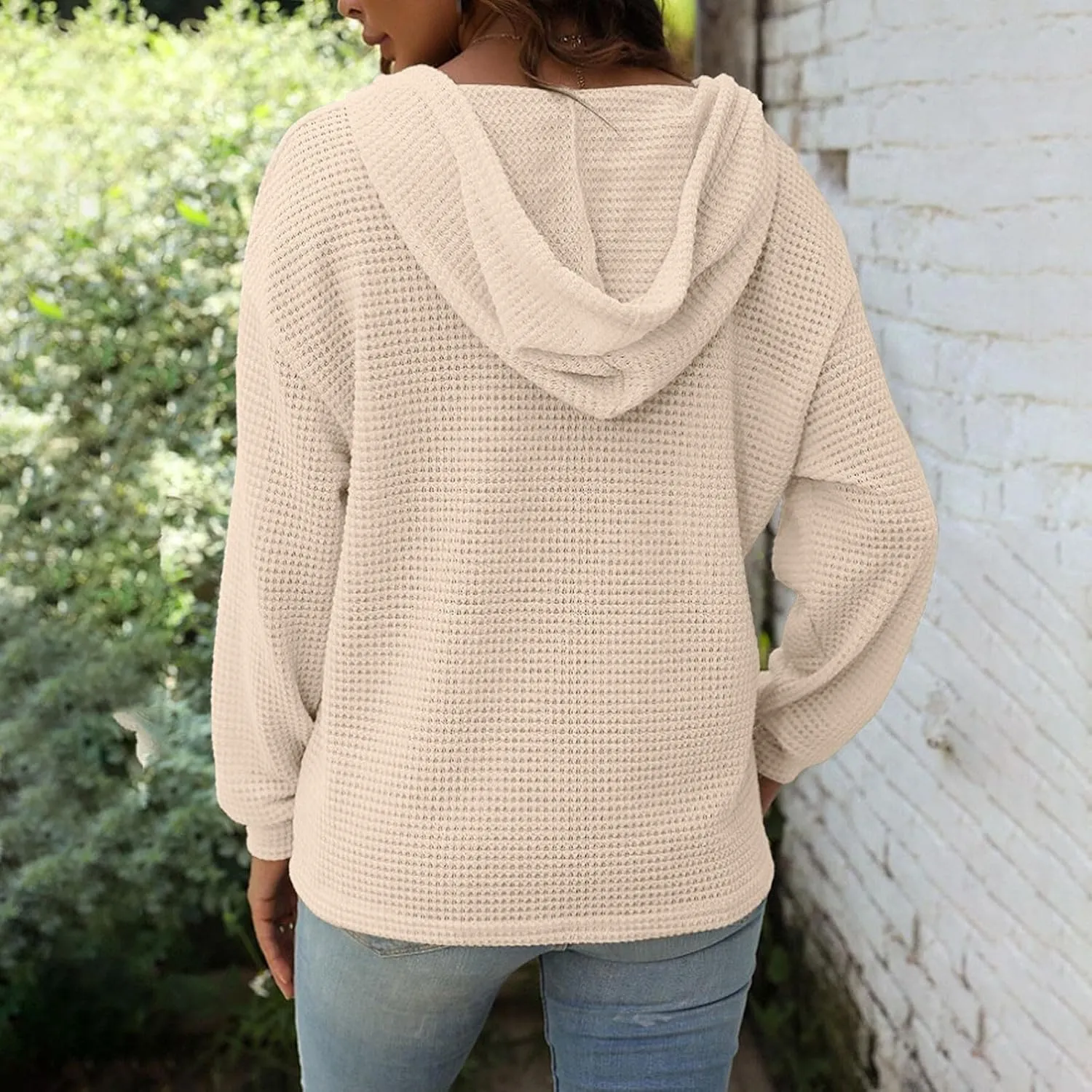 Hoodies for Women Waffle Knit Drawstring Button V Neck Pullover Sweatshirts Fall Sweaters Loose Fit Long Sleeve Tops