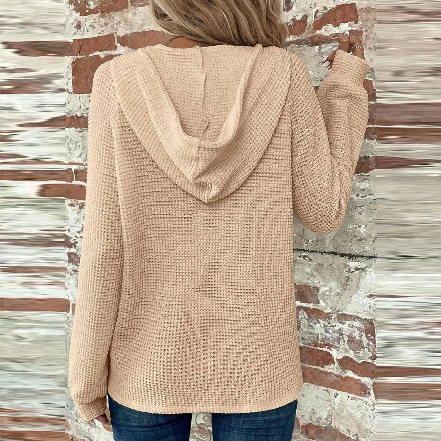 Hoodies for Women Waffle Knit Drawstring Button V Neck Pullover Sweatshirts Fall Sweaters Loose Fit Long Sleeve Tops
