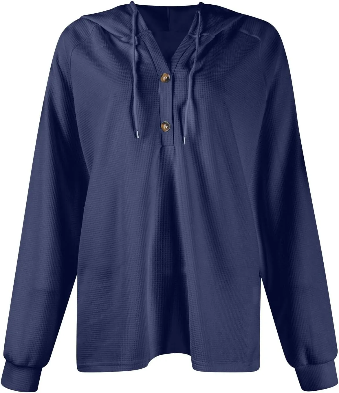Hoodies for Women Waffle Knit Drawstring Button V Neck Pullover Sweatshirts Fall Sweaters Loose Fit Long Sleeve Tops