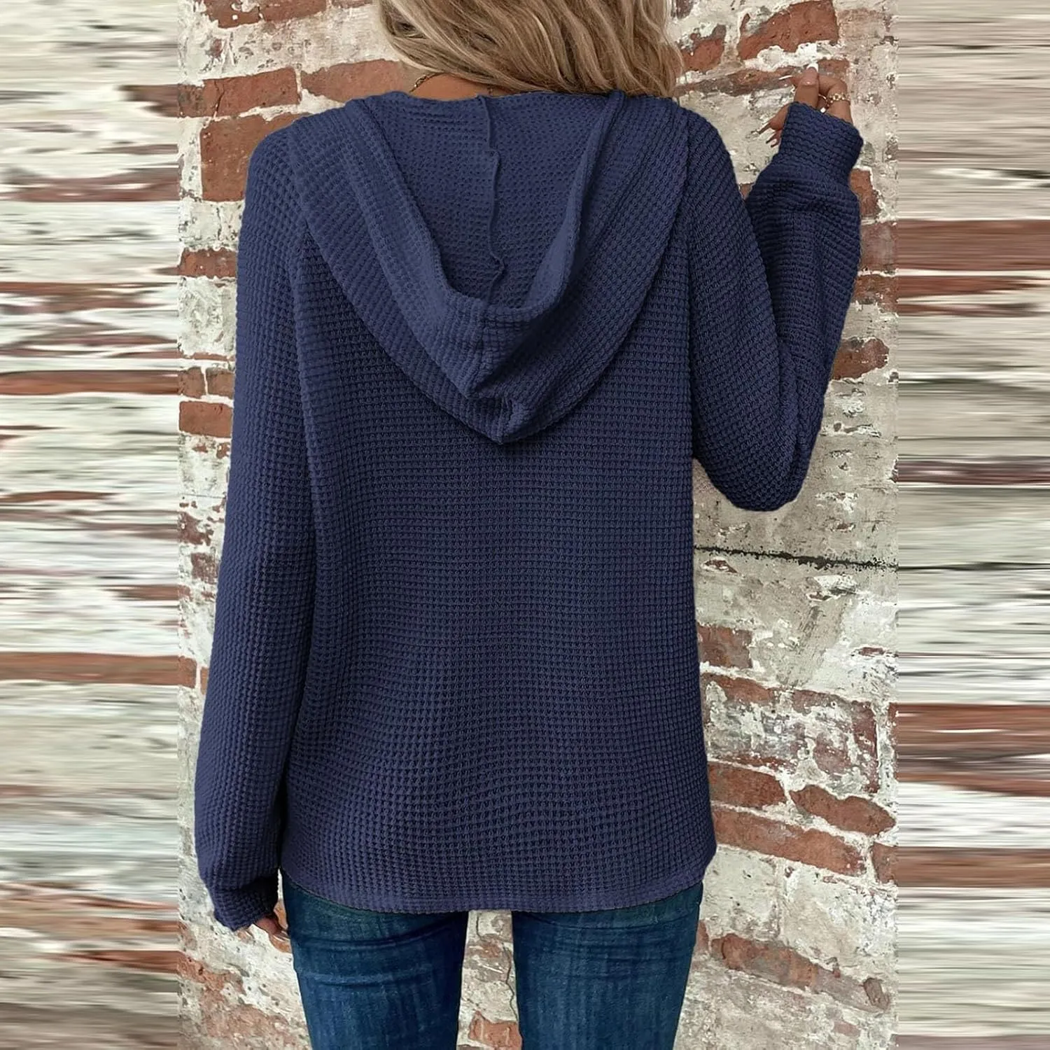 Hoodies for Women Waffle Knit Drawstring Button V Neck Pullover Sweatshirts Fall Sweaters Loose Fit Long Sleeve Tops