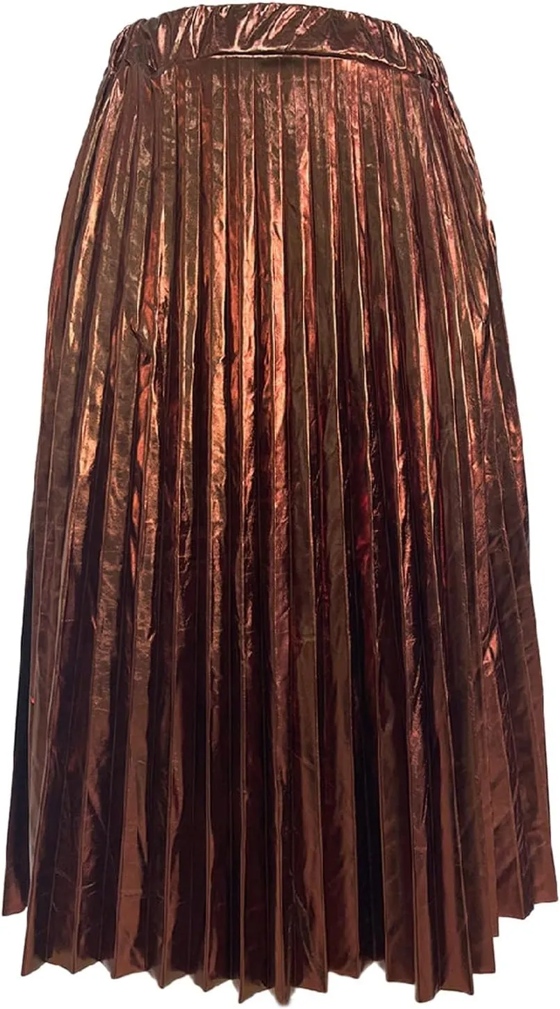 Hot Stamping Shiny Silver Pleated Skirt High Waist A Line Pleated Skirt Girls Plaid Skirt Overalls