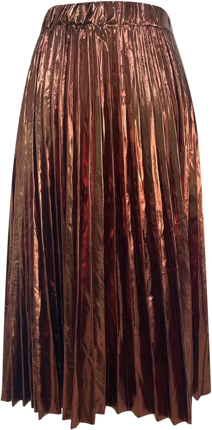 Hot Stamping Shiny Silver Pleated Skirt High Waist A Line Pleated Skirt Girls Plaid Skirt Overalls