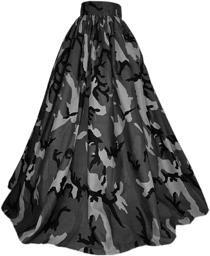 HS-LK Women Stretchy High Waisted A-line Swing Skirt Camo Print Pleated Flared Maxi Skirt
