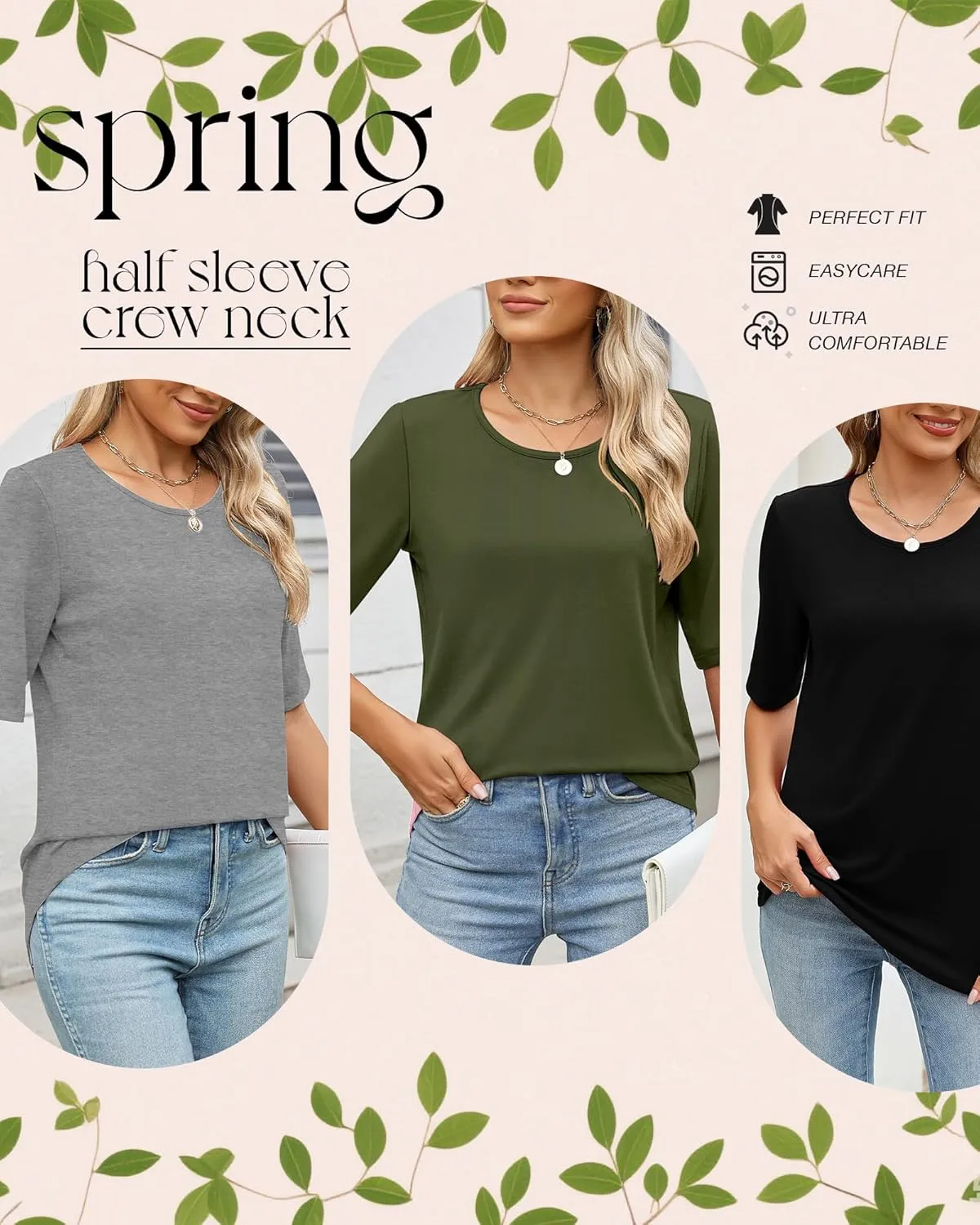 Huukeay 3 Pcs Womens Half Sleeve Top Elbow Length T Shirt Women Round Neck Basic T Shirt Summer Casual Blouses