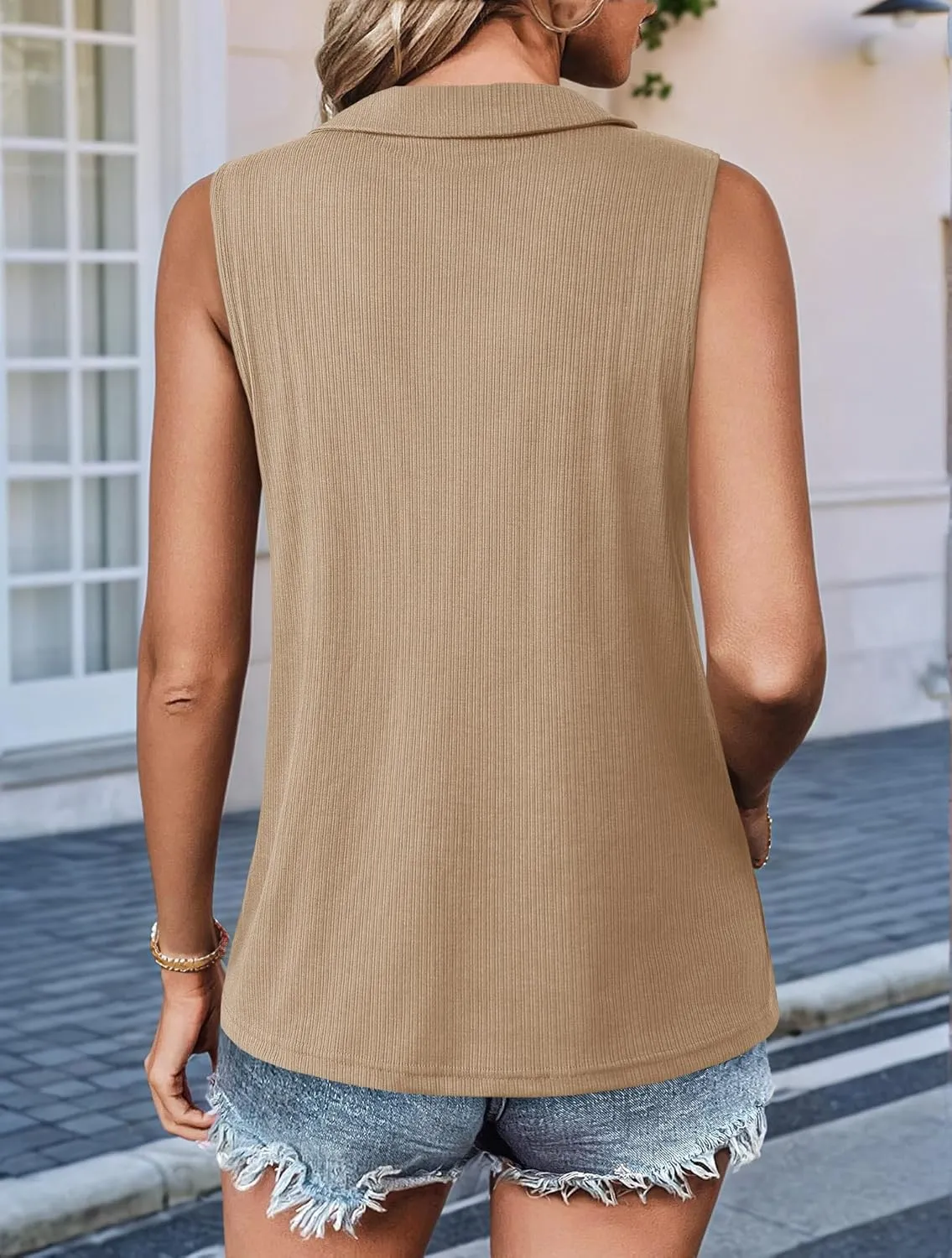 Imily Bela Women's Summer Sleeveless Tank Tops Zipper V Neck Ribbed Dressy Casual Blouses Loose Business Polo Shirts