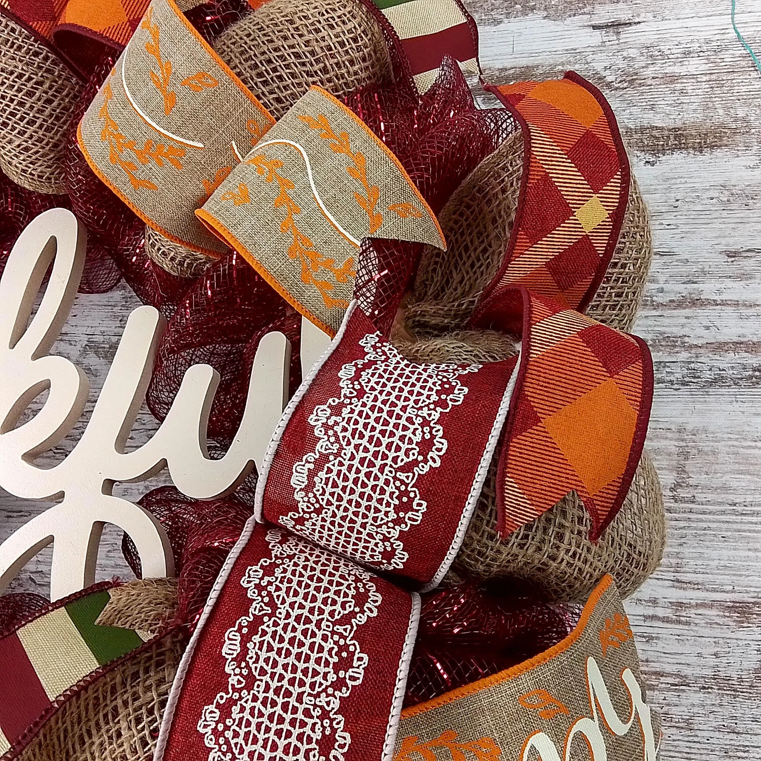 Ivory Thankful Wreath | Happy Fall Thanksgiving Deco Mesh Front Door Wreath