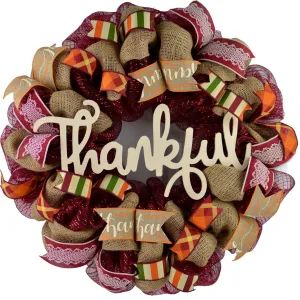 Ivory Thankful Wreath | Happy Fall Thanksgiving Deco Mesh Front Door Wreath