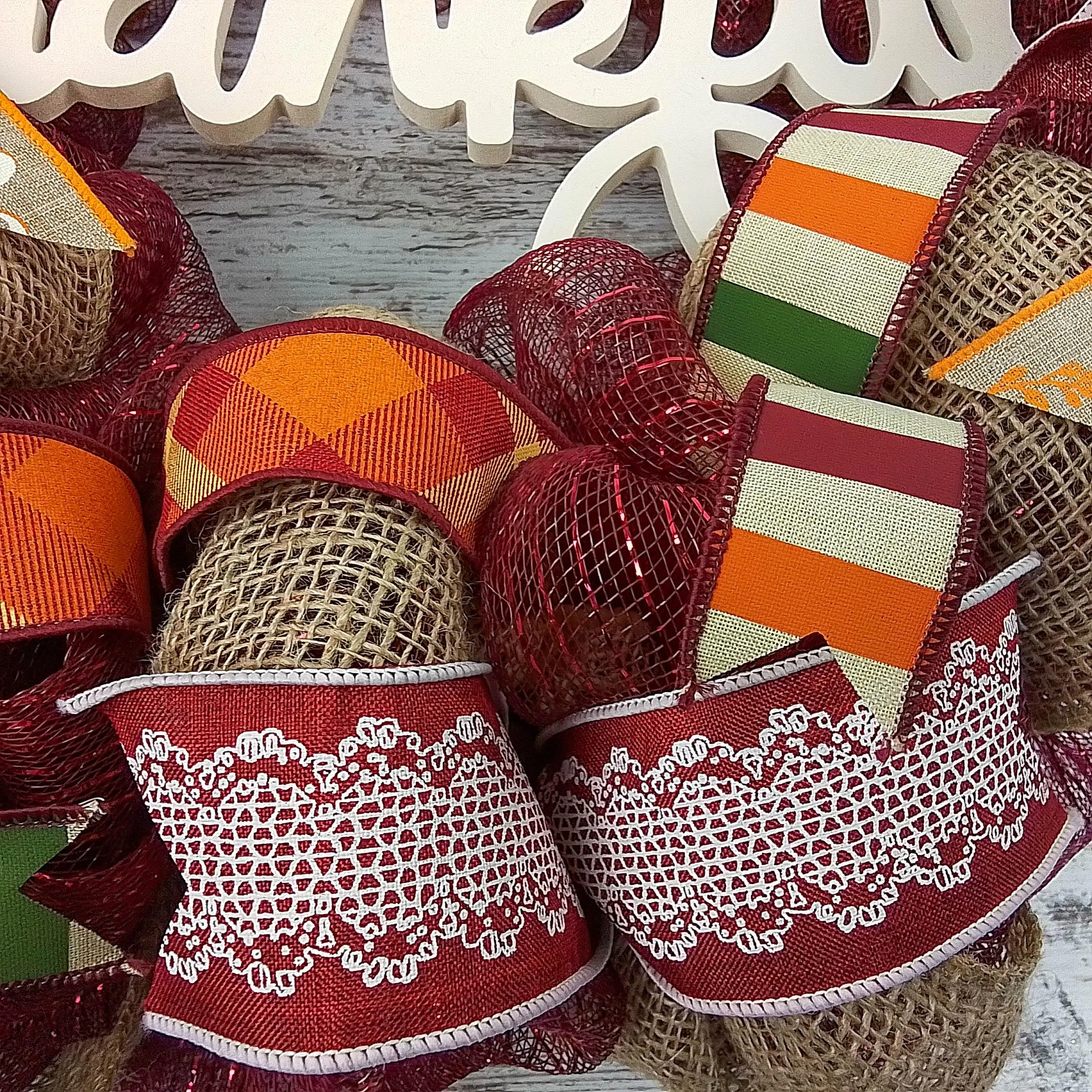 Ivory Thankful Wreath | Happy Fall Thanksgiving Deco Mesh Front Door Wreath