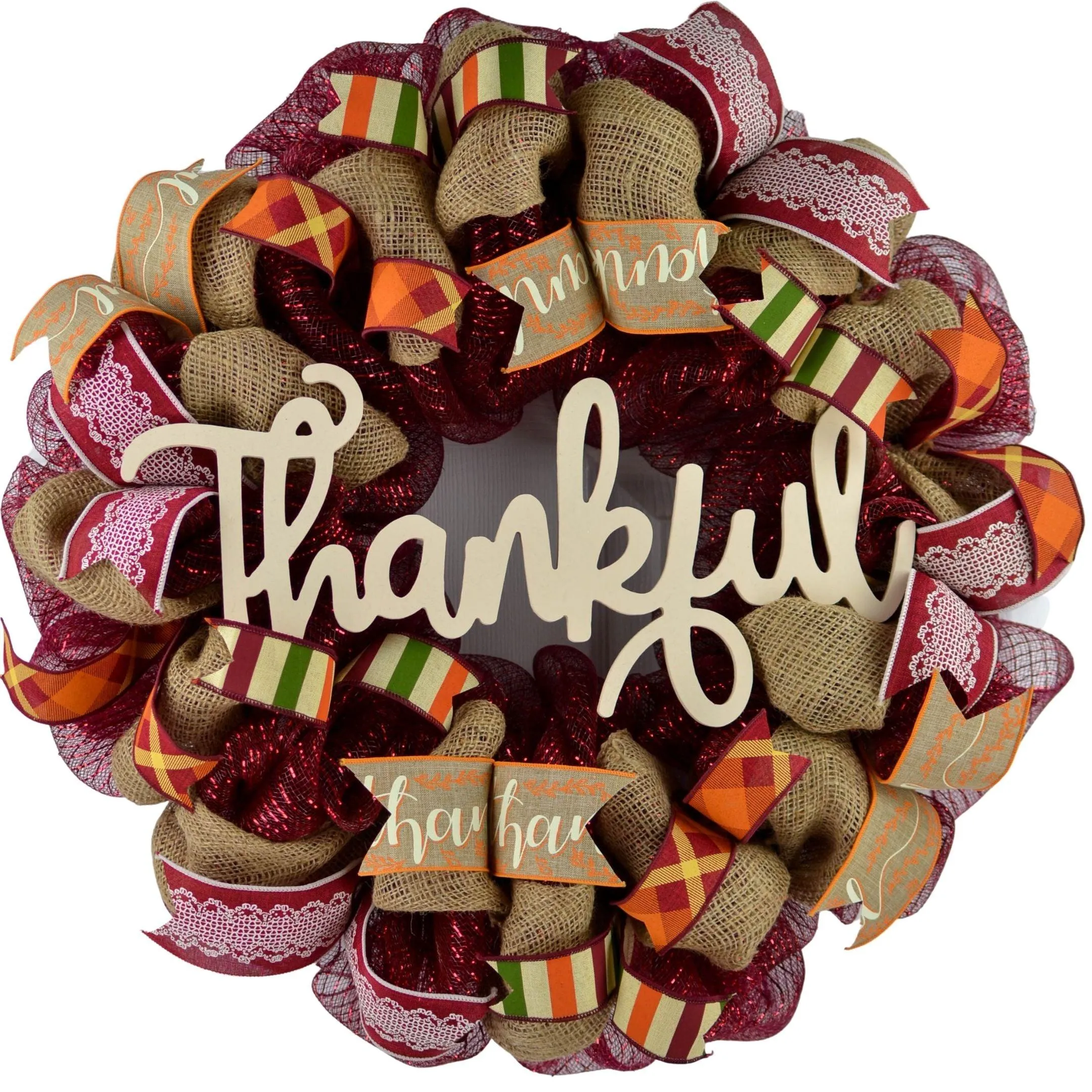 Ivory Thankful Wreath | Happy Fall Thanksgiving Deco Mesh Front Door Wreath