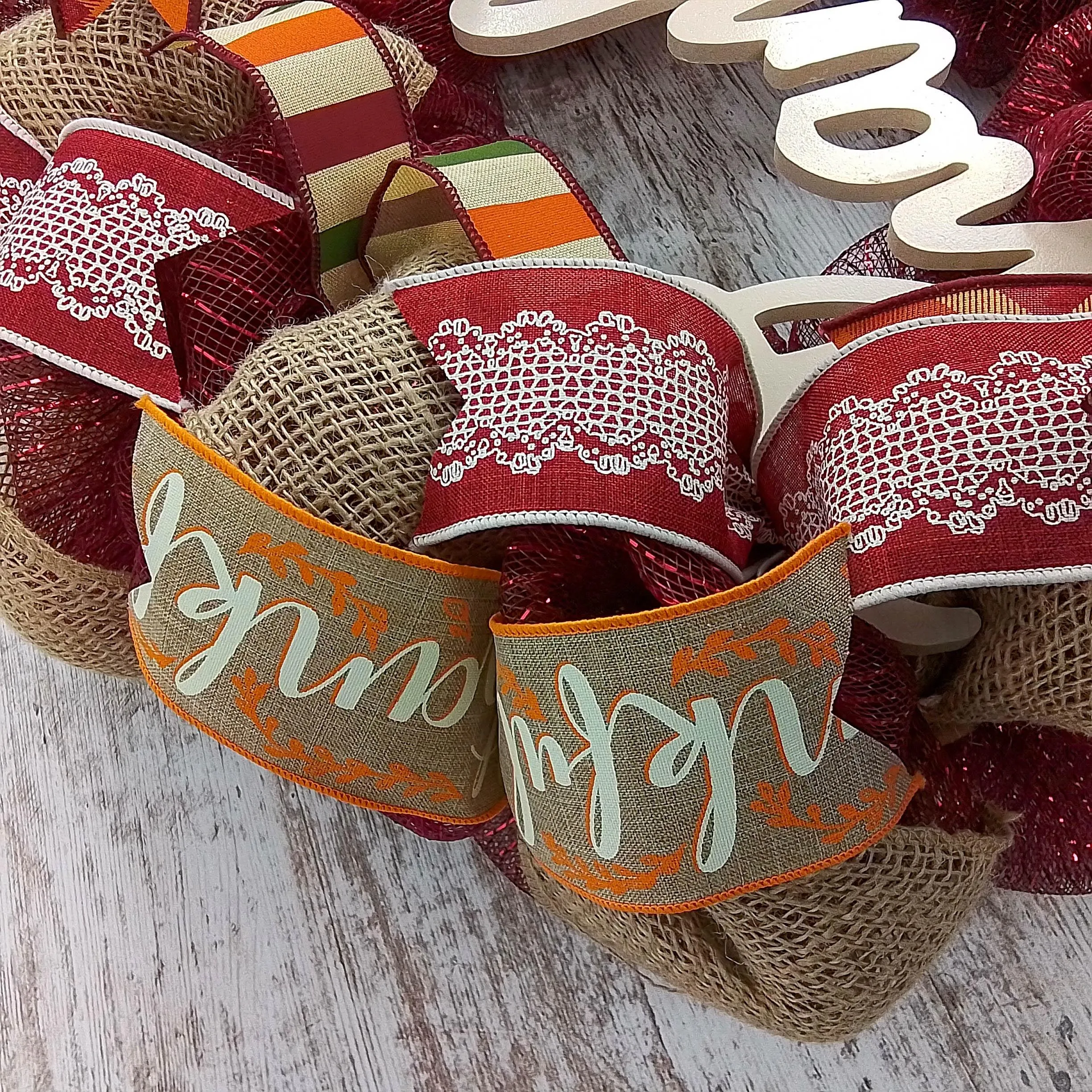 Ivory Thankful Wreath | Happy Fall Thanksgiving Deco Mesh Front Door Wreath