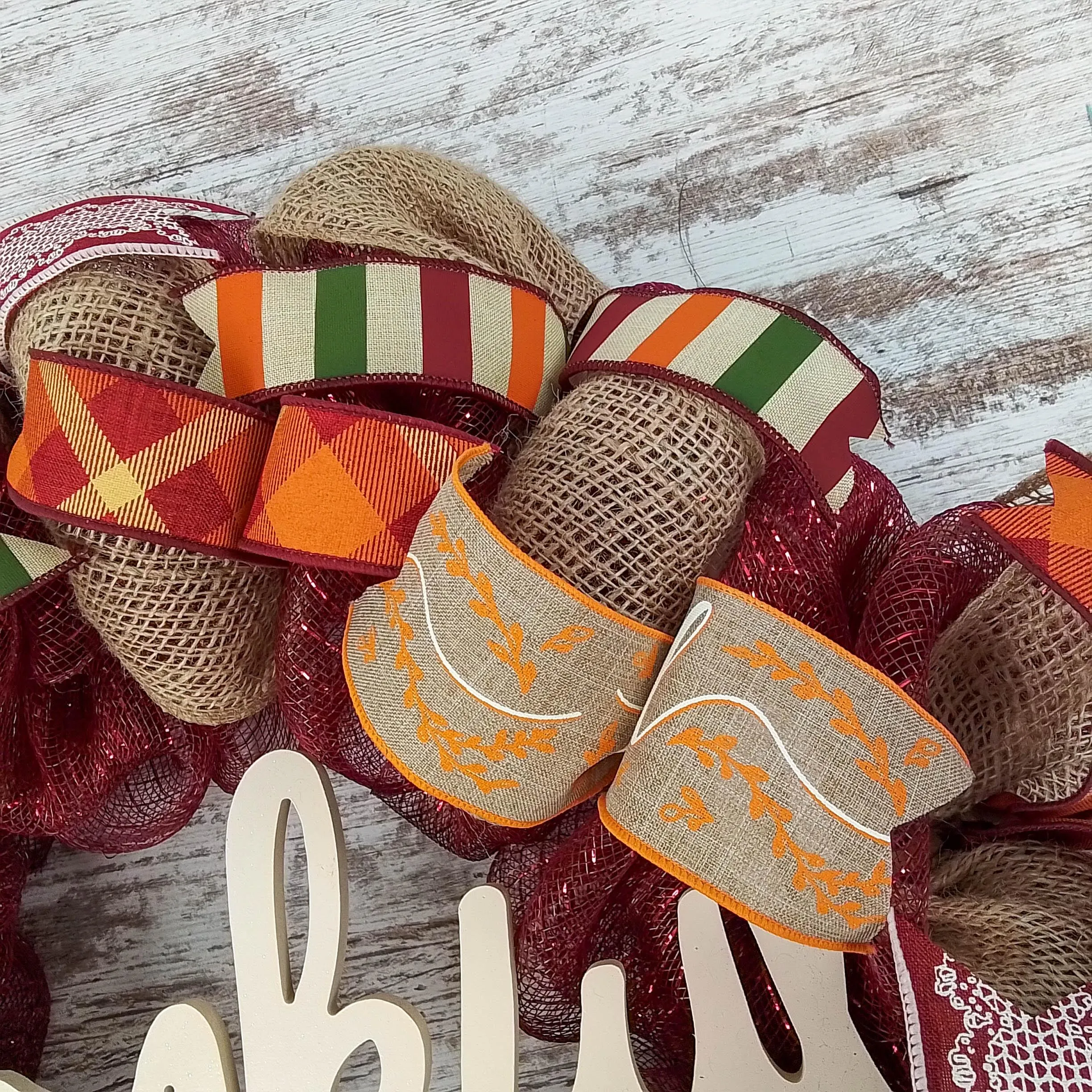 Ivory Thankful Wreath | Happy Fall Thanksgiving Deco Mesh Front Door Wreath