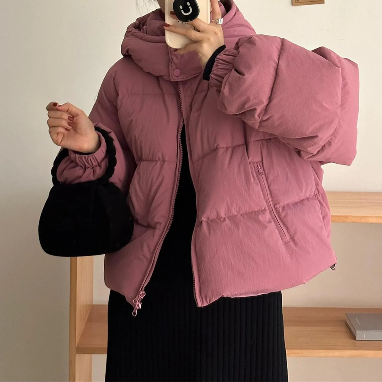 JEsilunmaMY Women's Warm Winter Hooded Puffer Jacket Thicken Insulated Short Down Coats Cropped Padded Cotton Coat with Hood