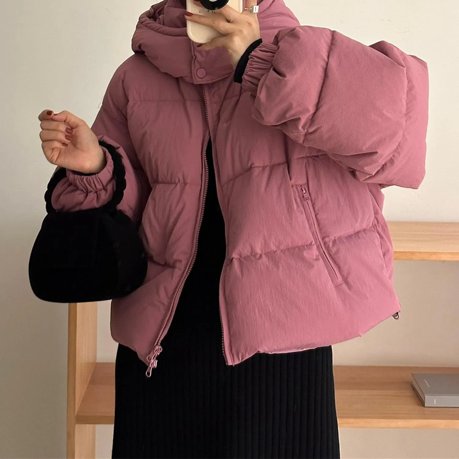 JEsilunmaMY Women's Warm Winter Hooded Puffer Jacket Thicken Insulated Short Down Coats Cropped Padded Cotton Coat with Hood