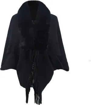 JOAU Women Faux Fur Collar Shawl Wraps Fringed Open Front Cardigan Cloak Coat Knitted Winter Warm Tassels Sweater Capes