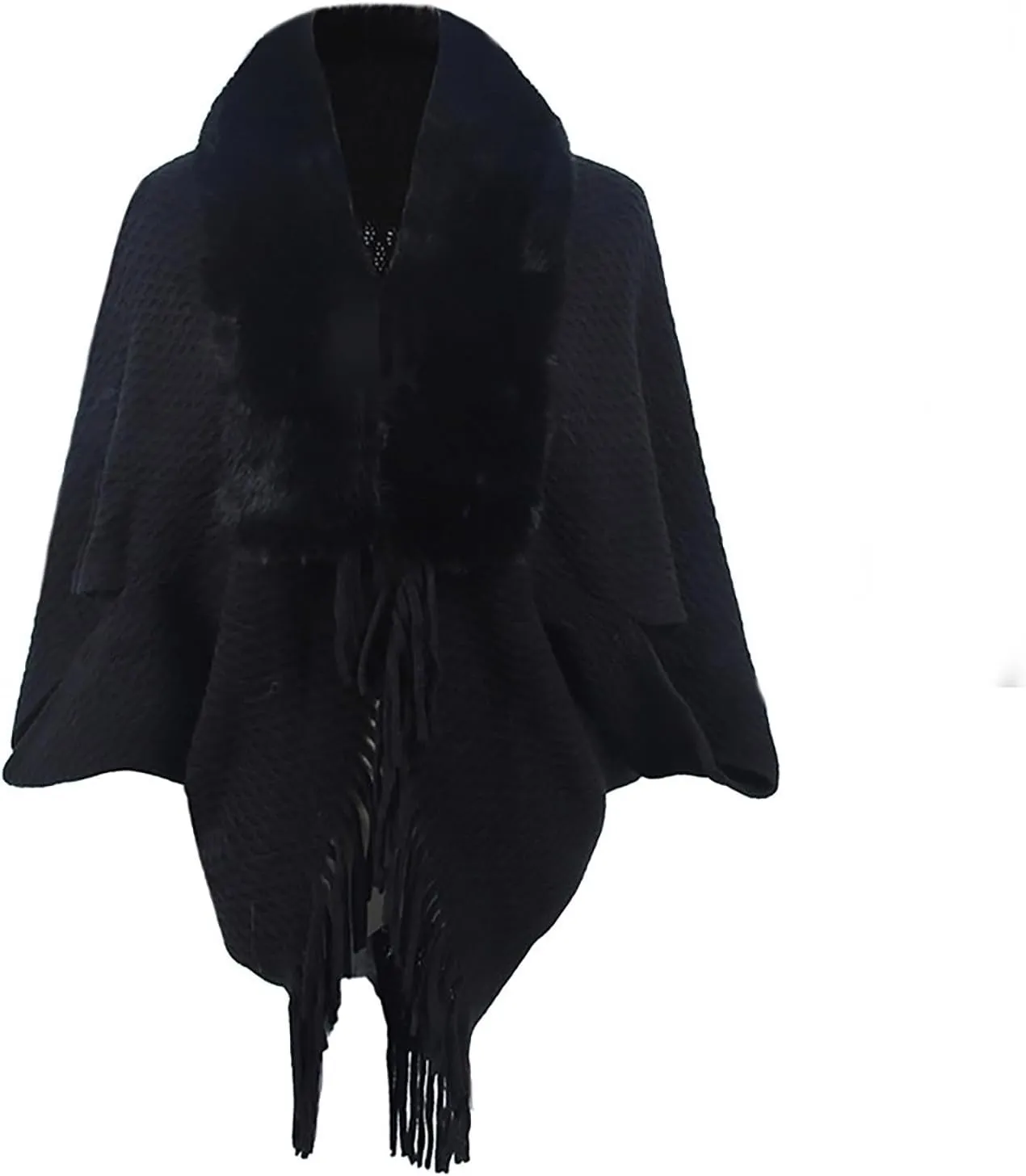 JOAU Women Faux Fur Collar Shawl Wraps Fringed Open Front Cardigan Cloak Coat Knitted Winter Warm Tassels Sweater Capes