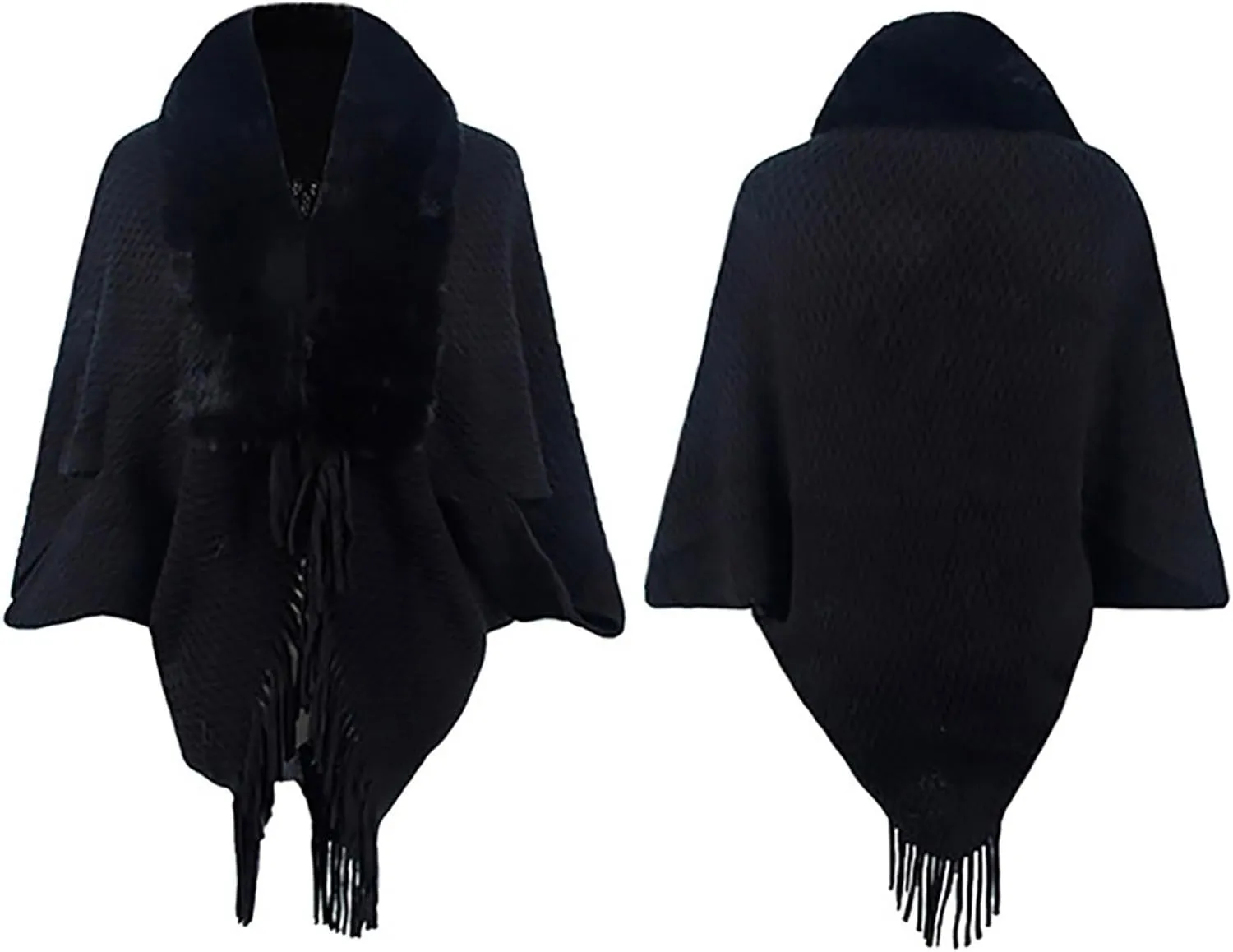 JOAU Women Faux Fur Collar Shawl Wraps Fringed Open Front Cardigan Cloak Coat Knitted Winter Warm Tassels Sweater Capes