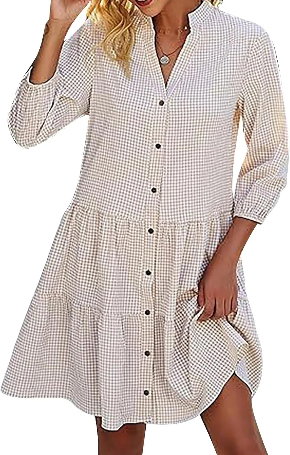 JOAU Women Summer Plaid Shirt Dresses Casual V Neck Button Down 3/4 Sleeve Loose Flowy Tiered Ruffle A-Line Knee Length Dress