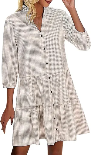 JOAU Women Summer Plaid Shirt Dresses Casual V Neck Button Down 3/4 Sleeve Loose Flowy Tiered Ruffle A-Line Knee Length Dress