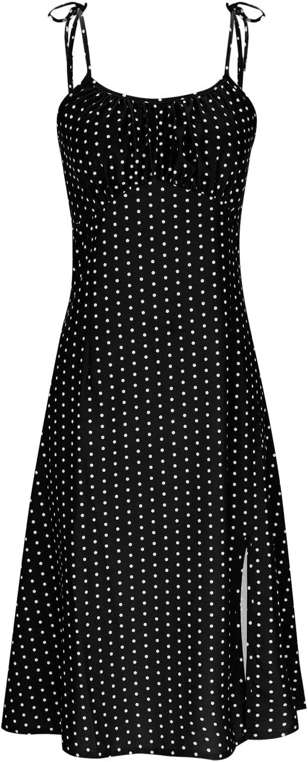 JOAU Women's Polka Dot Sundresses Spaghetti Strap Summer Slim Fit Side Slit Midi Dress Sexy A Line Beach Vacation Dresses