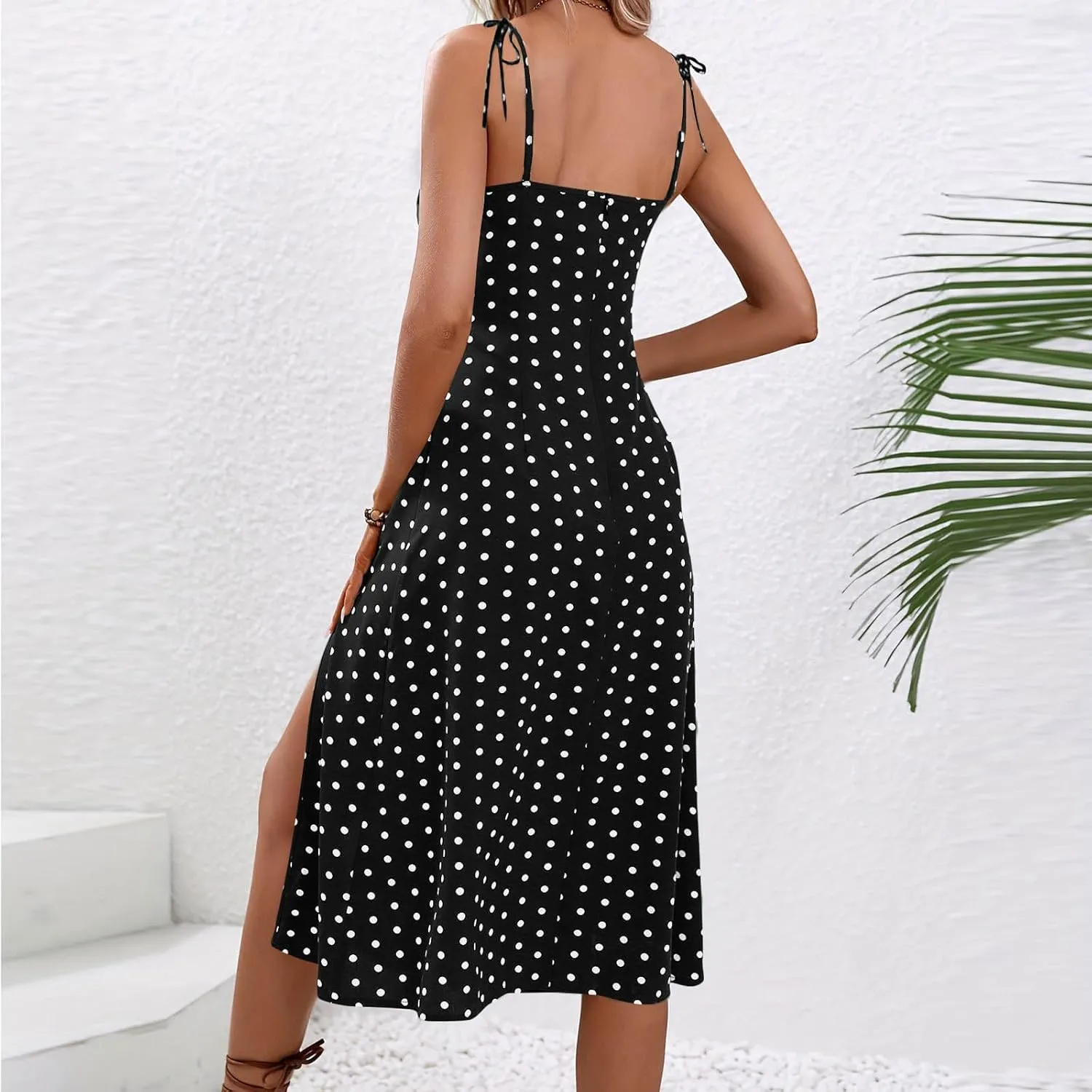 JOAU Women's Polka Dot Sundresses Spaghetti Strap Summer Slim Fit Side Slit Midi Dress Sexy A Line Beach Vacation Dresses