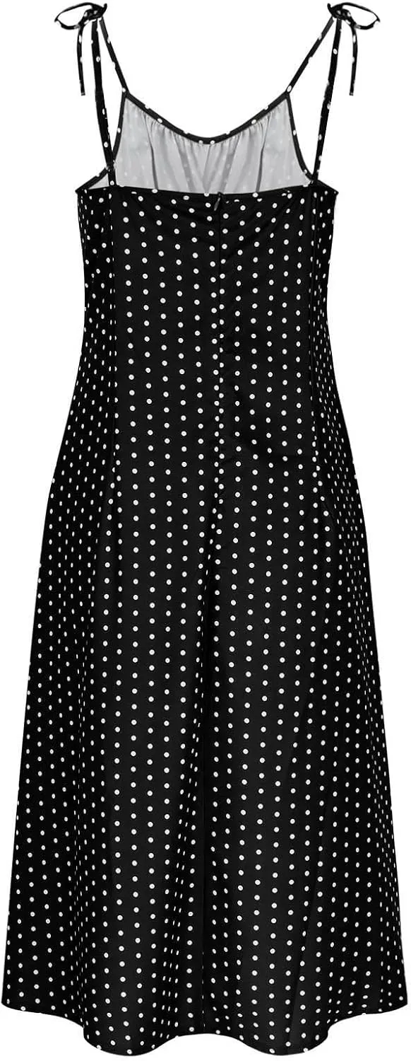JOAU Women's Polka Dot Sundresses Spaghetti Strap Summer Slim Fit Side Slit Midi Dress Sexy A Line Beach Vacation Dresses