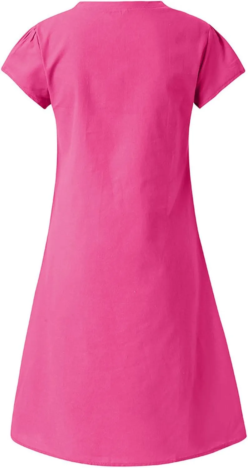jsaierl Summer Dresses for Women Plus Size Cotton Linen Midi Dress Casual V Neck Short Sleeve Sundress Beach Dress