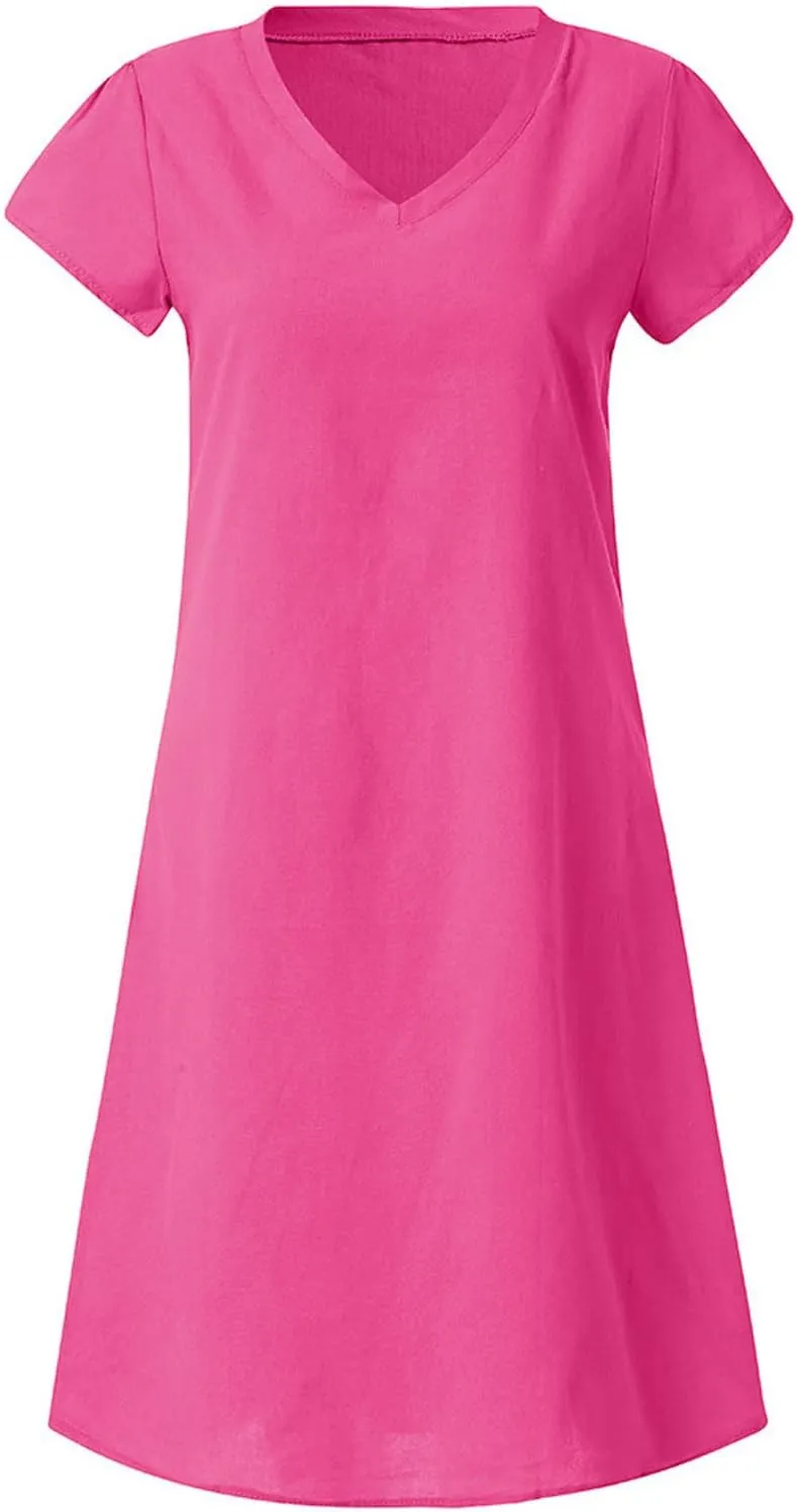 jsaierl Summer Dresses for Women Plus Size Cotton Linen Midi Dress Casual V Neck Short Sleeve Sundress Beach Dress
