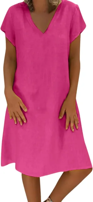 jsaierl Summer Dresses for Women Plus Size Cotton Linen Midi Dress Casual V Neck Short Sleeve Sundress Beach Dress