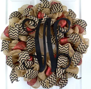 Jute Burlap Monogram Chevron Everyday Door Wreath - Brown Maroon Black