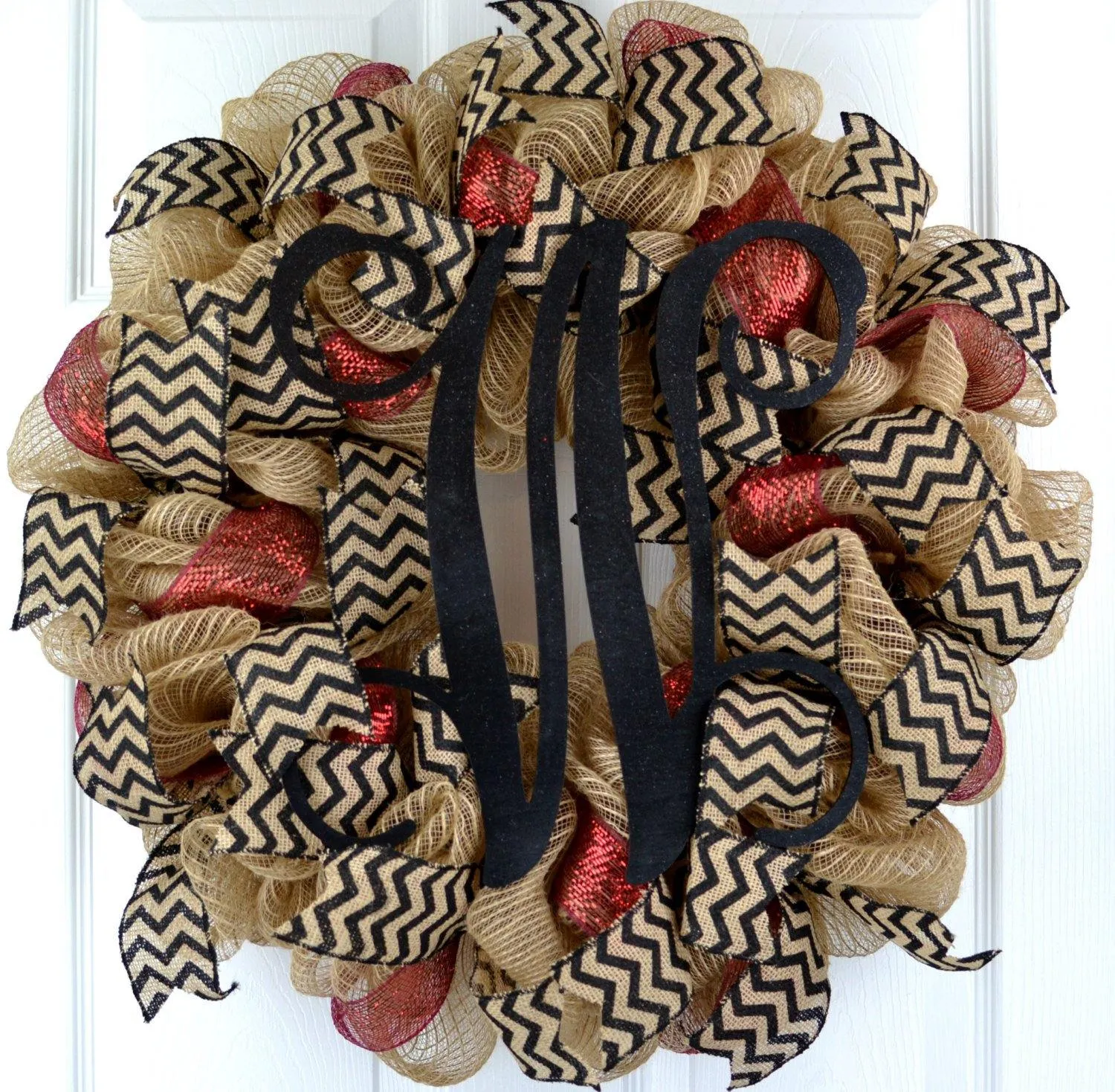 Jute Burlap Monogram Chevron Everyday Door Wreath - Brown Maroon Black