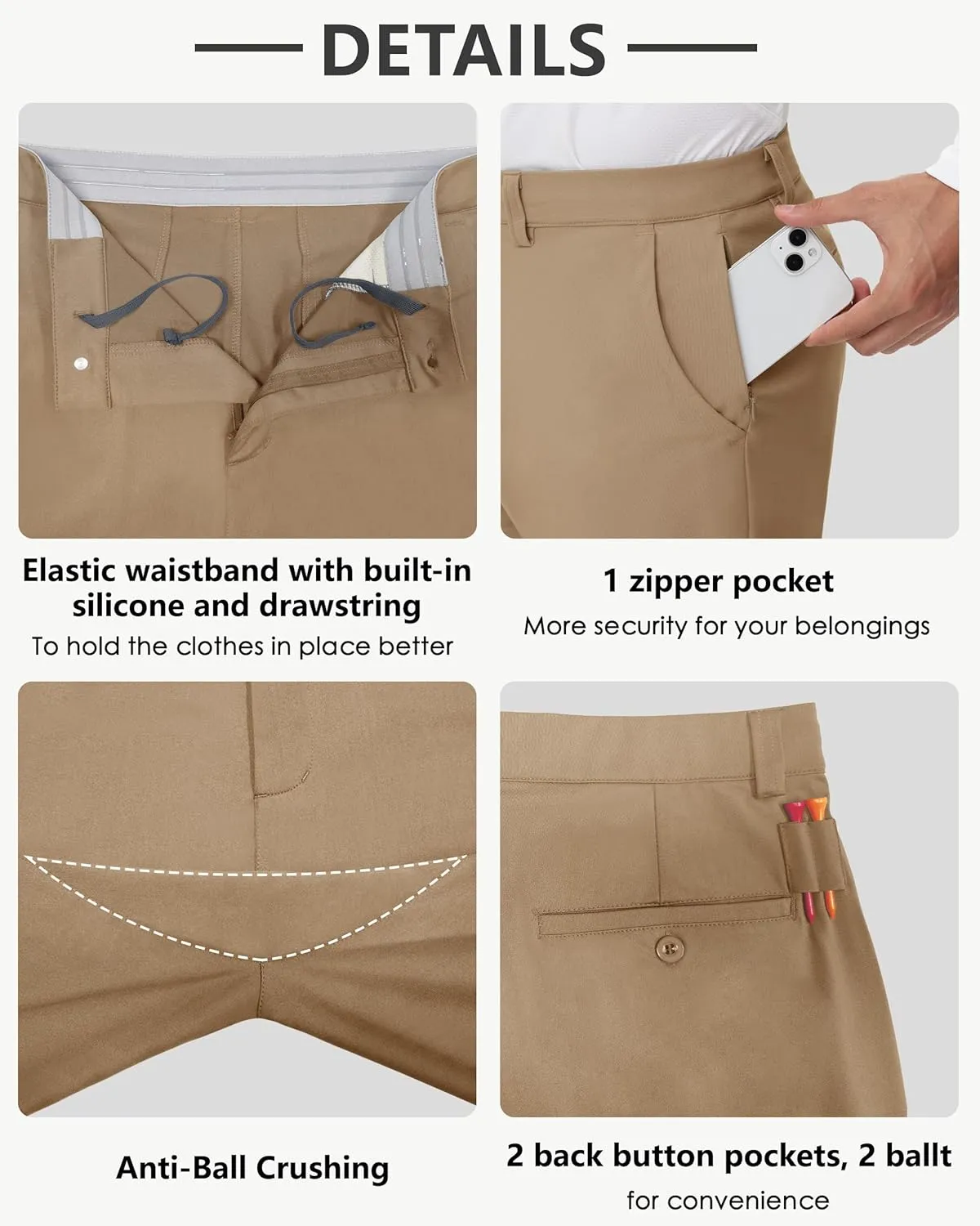 JWM 29"/30"/31"/32" Mens Golf Pants Stretch Straight Leg Relaxed Fit Dress Pants Lightweight Comfy Casual Trousers Zip Pocket