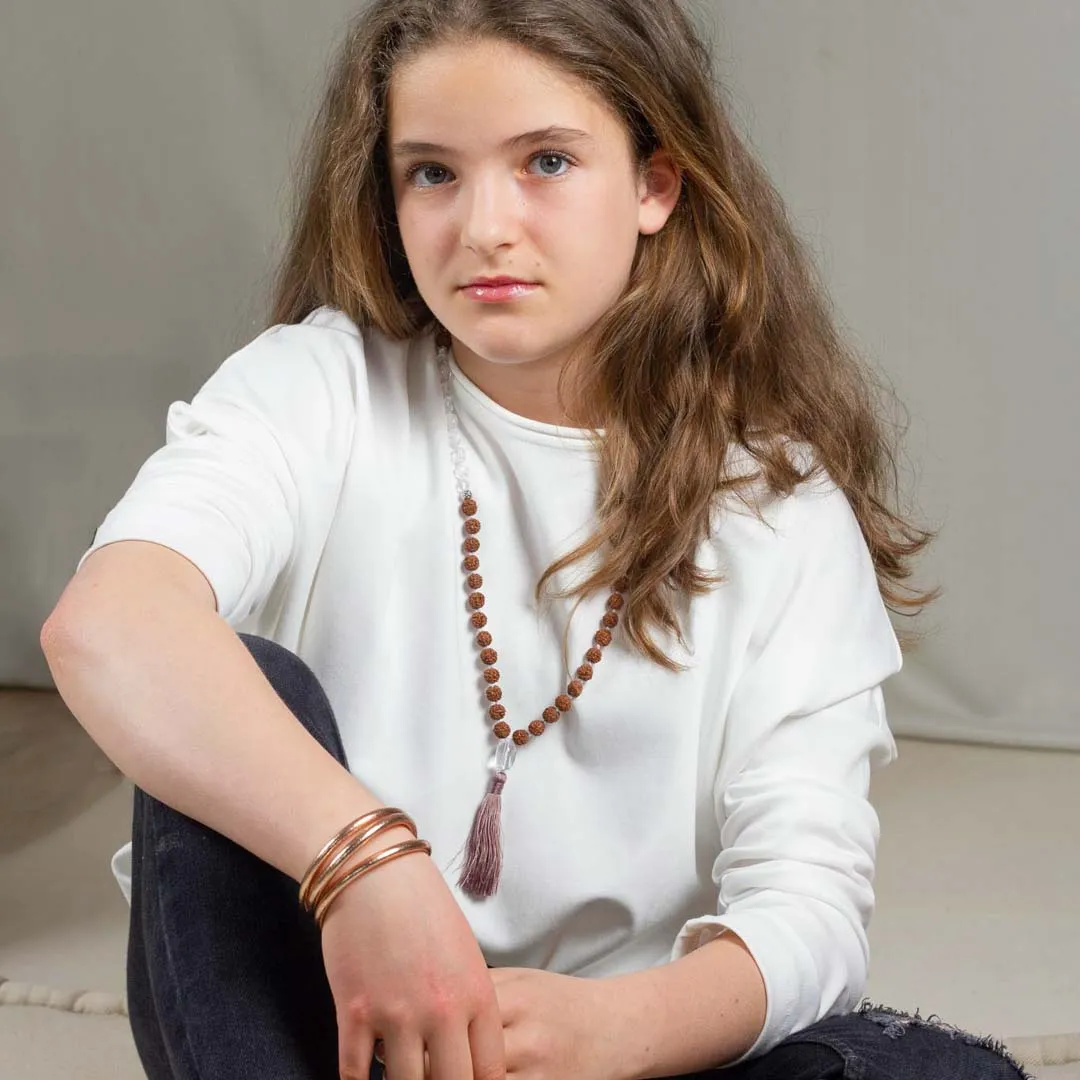 Kids Mala Beads Necklace Handmade with Rudraksha and Clear Quartz