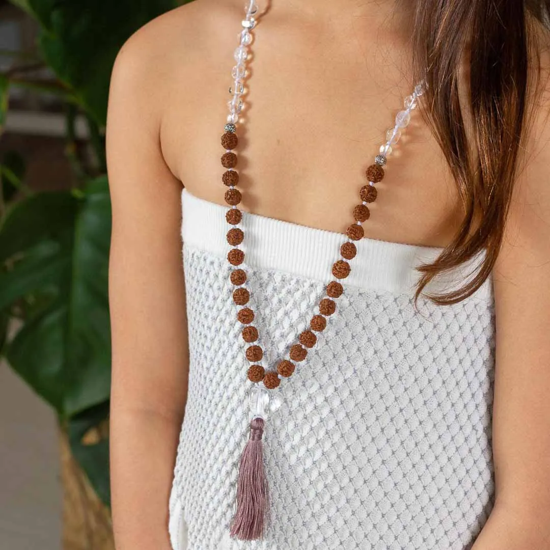 Kids Mala Beads Necklace Handmade with Rudraksha and Clear Quartz