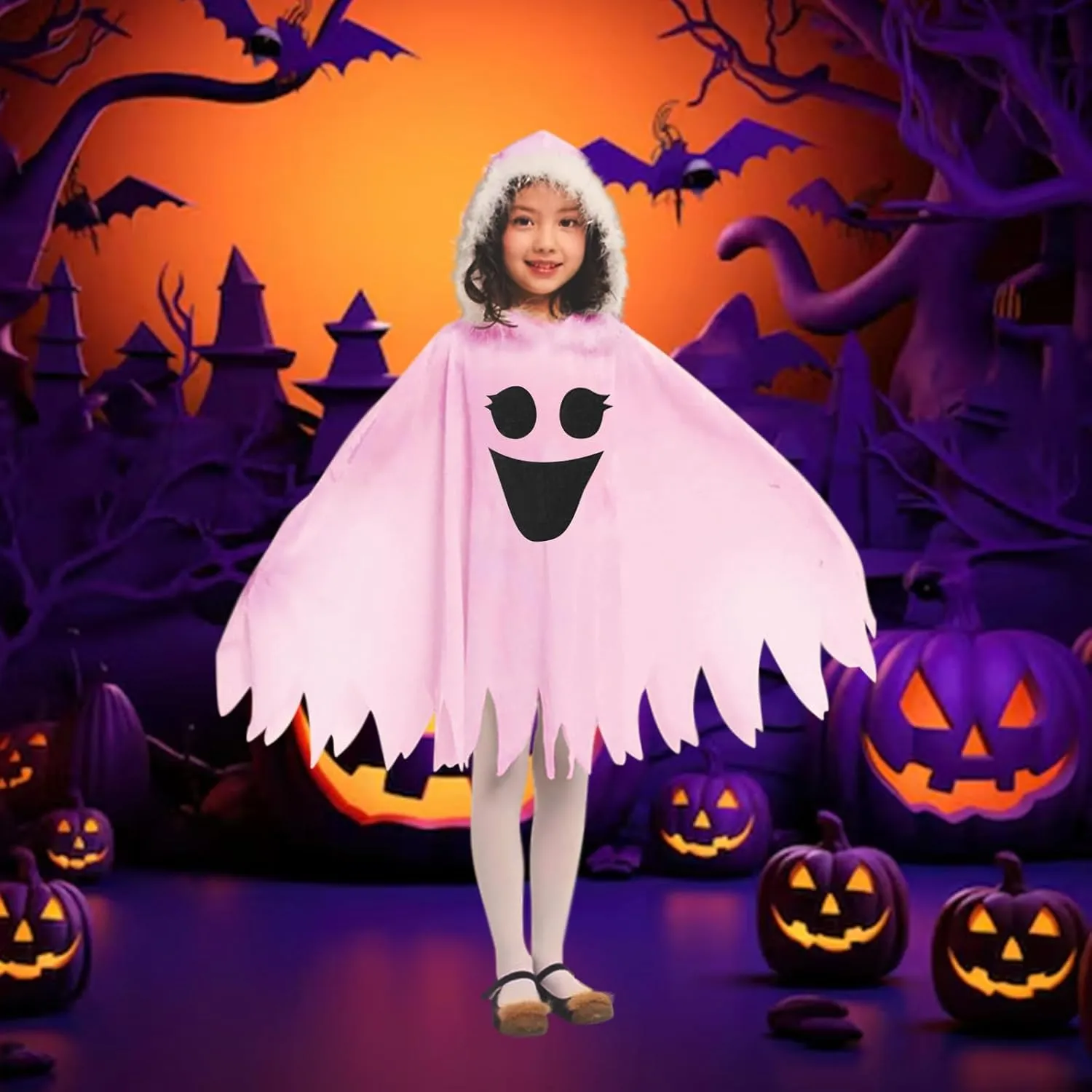 Kids Pink Ghost Halloween Cloak Costumes Toddlers Elf Hooded Cape Girls Cosplay Role Play Ghost Scary Fancy Dress