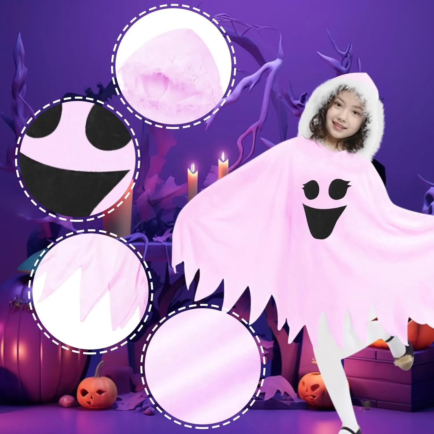 Kids Pink Ghost Halloween Cloak Costumes Toddlers Elf Hooded Cape Girls Cosplay Role Play Ghost Scary Fancy Dress