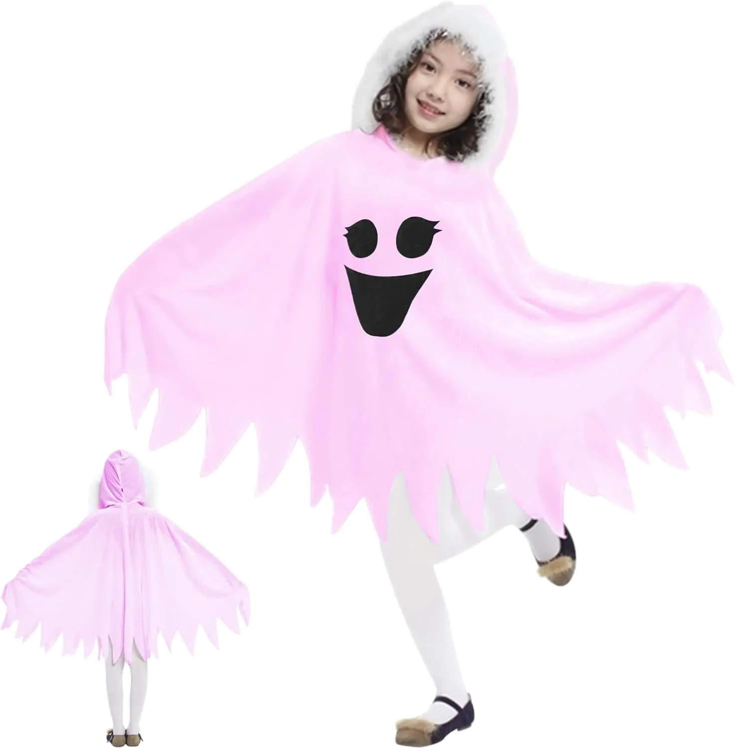 Kids Pink Ghost Halloween Cloak Costumes Toddlers Elf Hooded Cape Girls Cosplay Role Play Ghost Scary Fancy Dress