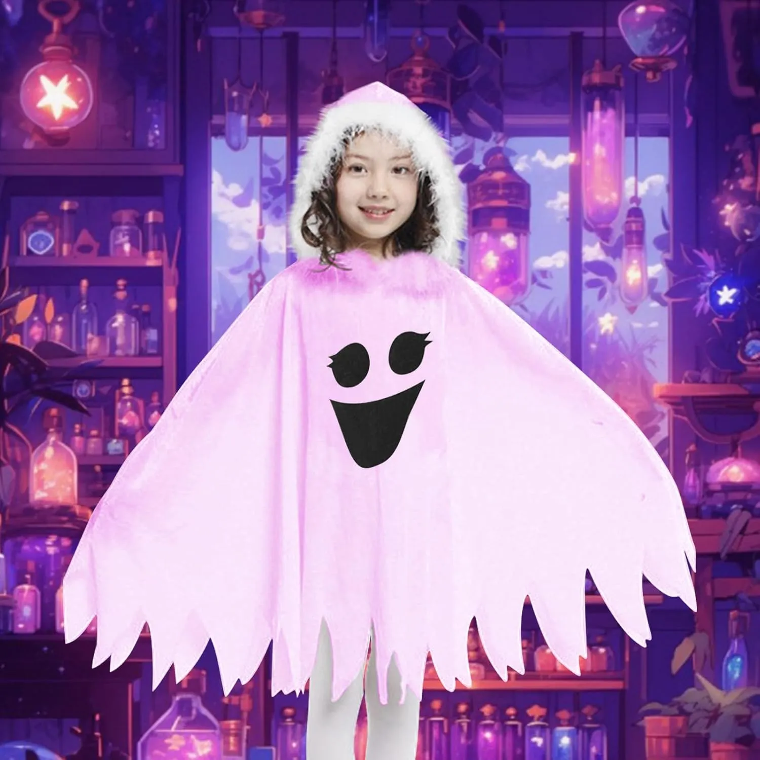 Kids Pink Ghost Halloween Cloak Costumes Toddlers Elf Hooded Cape Girls Cosplay Role Play Ghost Scary Fancy Dress