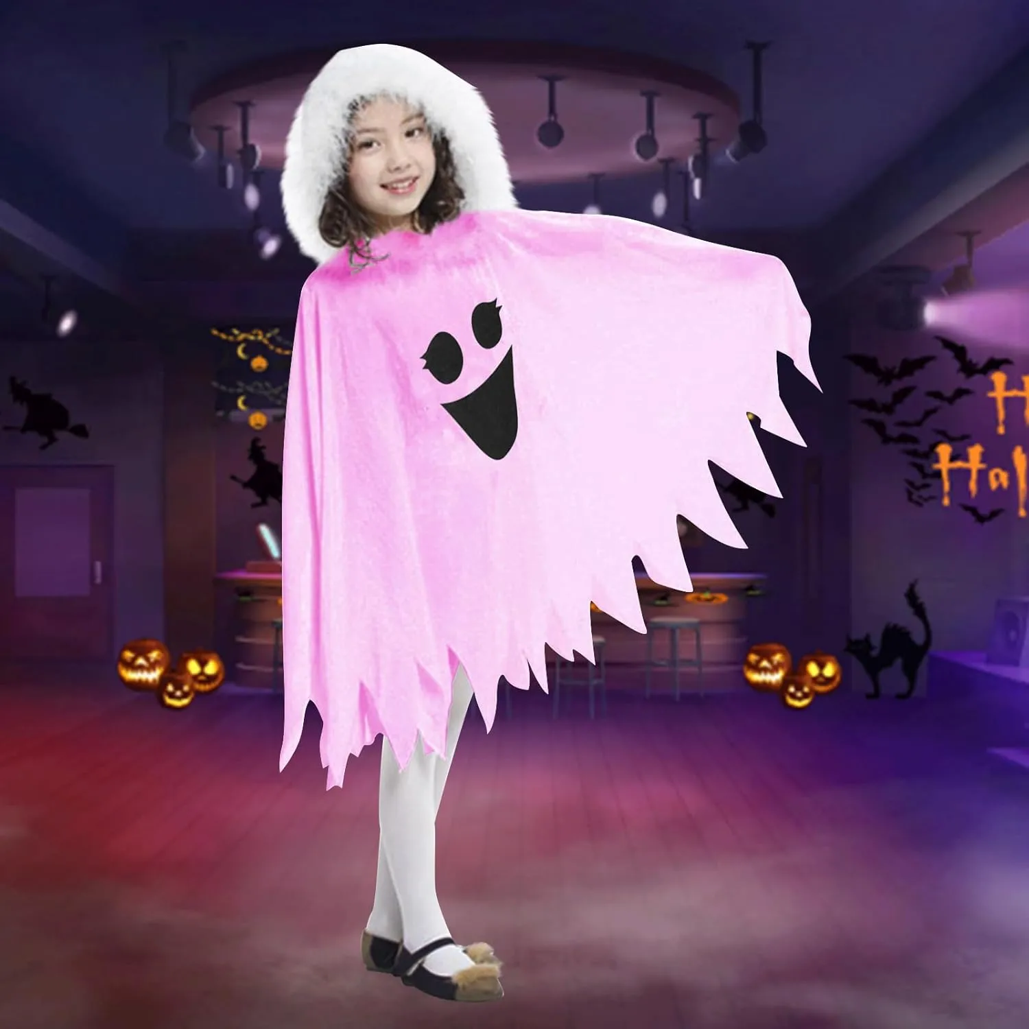 Kids Pink Ghost Halloween Cloak Costumes Toddlers Elf Hooded Cape Girls Cosplay Role Play Ghost Scary Fancy Dress