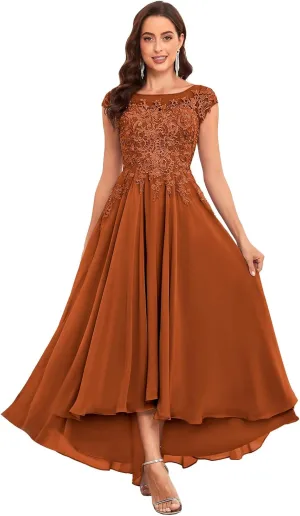 Lace Applique Mother of The Bride Dresses Tea Length Chiffon A Line Formal Gowns with Sleeves