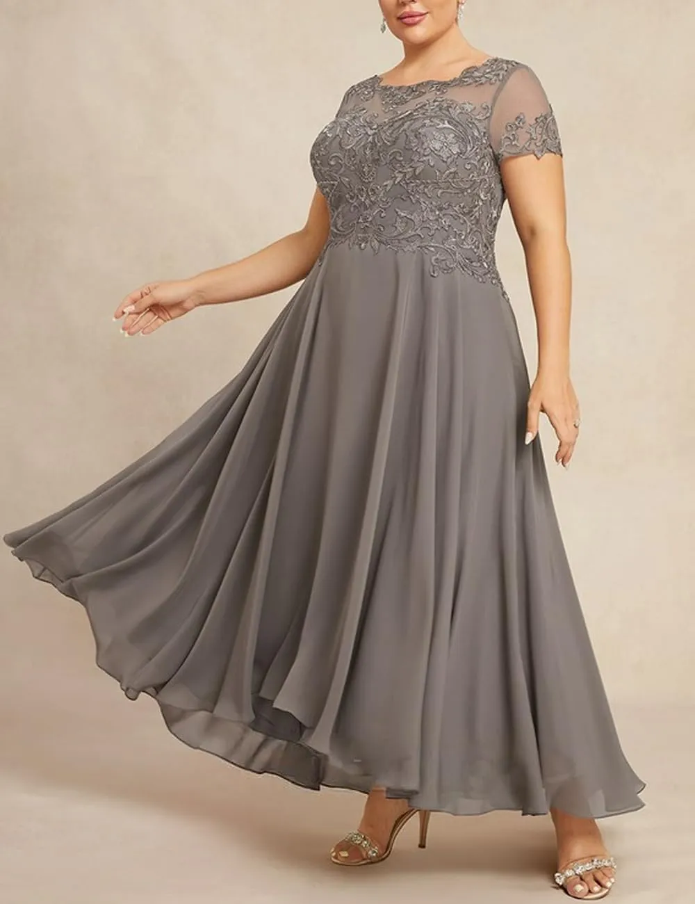 Lace Appliques Mother of The Bride Dresses for Wedding Asymmetrical Chiffon Evening Formal Dresses Short Sleeve RA03