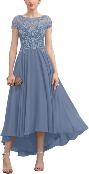 Lace Appliques Mother of The Bride Dresses for Wedding Asymmetrical Chiffon Evening Formal Dresses Short Sleeve RA03