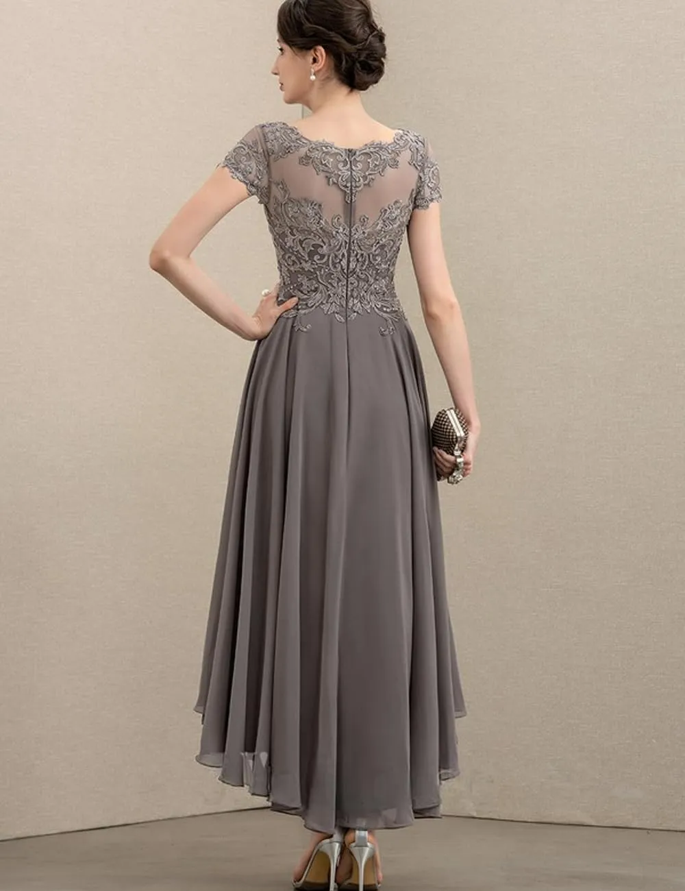 Lace Appliques Mother of The Bride Dresses for Wedding Asymmetrical Chiffon Evening Formal Dresses Short Sleeve RA03