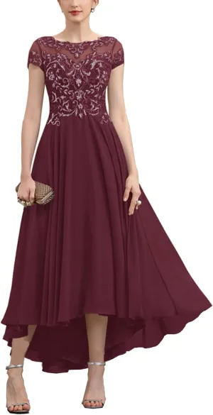 Lace Appliques Mother of The Bride Dresses for Wedding Asymmetrical Chiffon Evening Formal Dresses Short Sleeve RA03