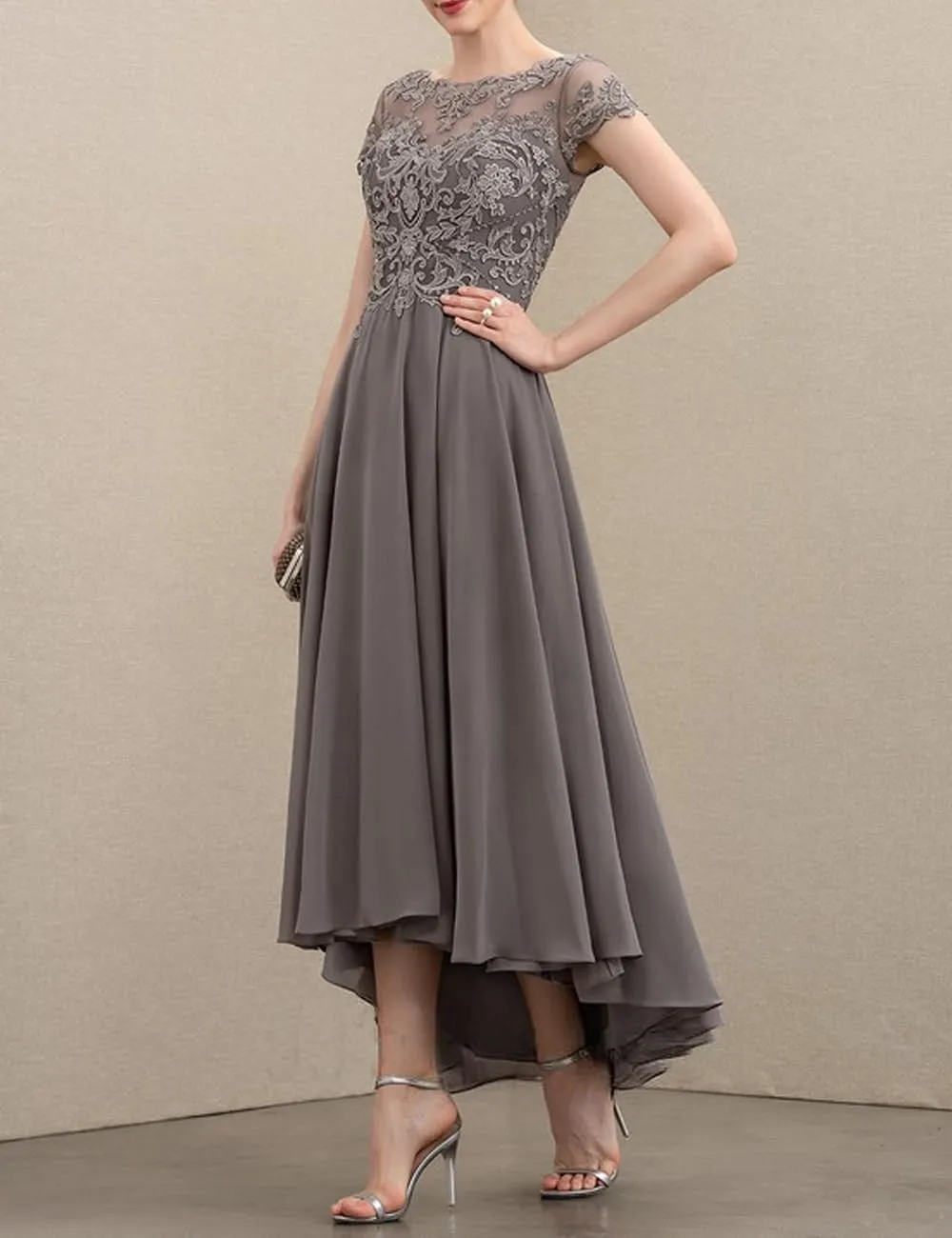 Lace Appliques Mother of The Bride Dresses for Wedding Asymmetrical Chiffon Evening Formal Dresses Short Sleeve RA03