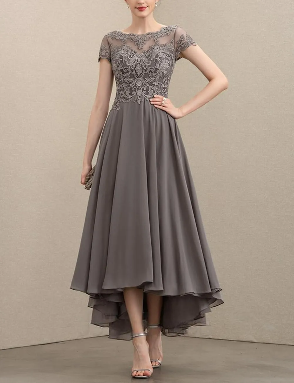 Lace Appliques Mother of The Bride Dresses for Wedding Asymmetrical Chiffon Evening Formal Dresses Short Sleeve RA03